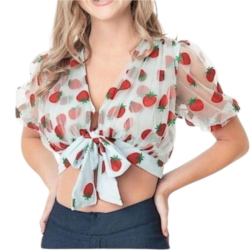 Smak Parlour Roller Queen Strawberry Mesh Crop Blouse Tie Front Blue Large
